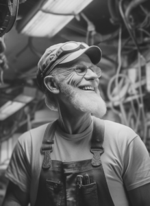 Photo of Chuck Thompson smiling in his woodworking shop