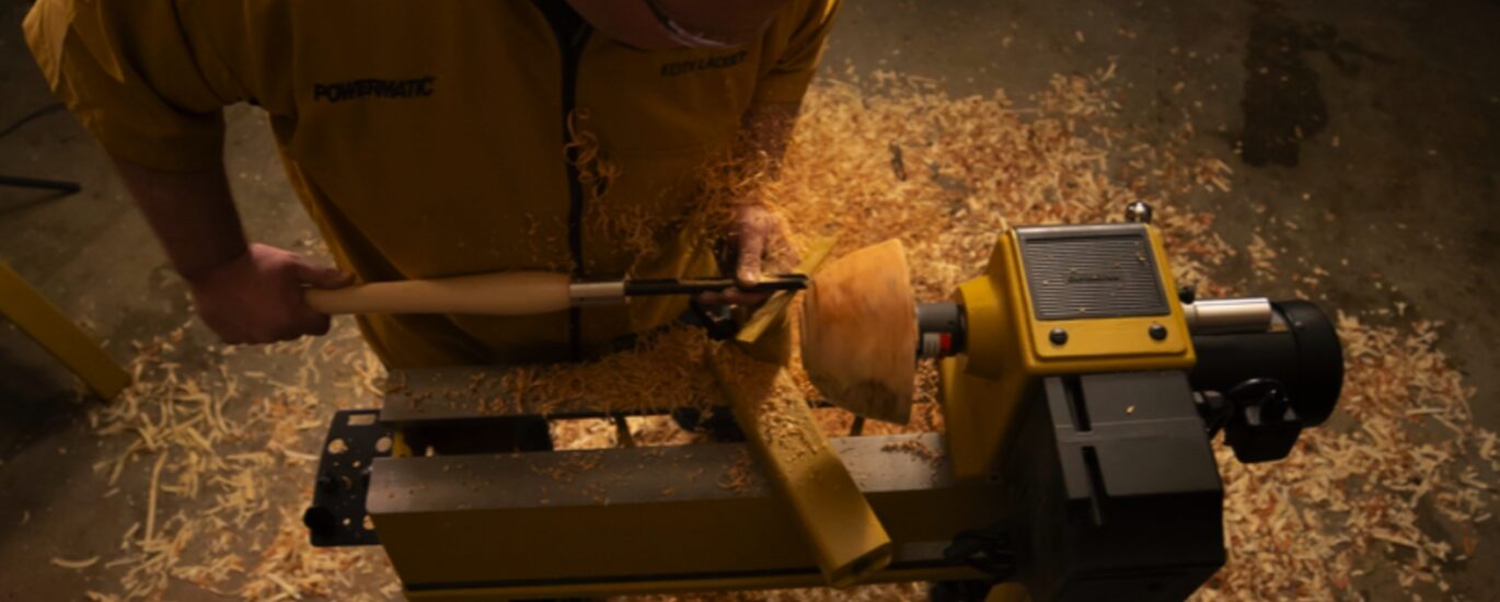 Wood lathe during working process